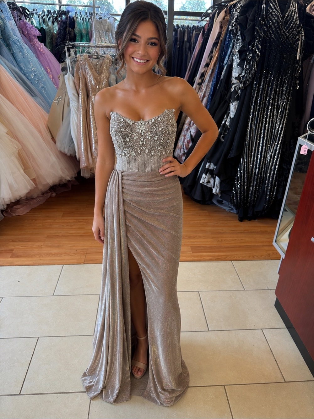 Strapless Beaded Champagne Gown with rhinestones slit and ruching size 2